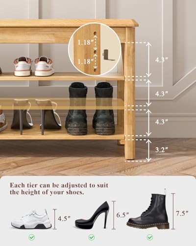 IUNVR Shoe Rack Bench Seat Rubberwood 3-Tier Wooden Storage Bench 550lbs Compact Mid-Century Modern Design for Entryway, Hallway, Closet, Front Door Entrance, Foyer - color: Natural-3 Tier(wood), size: 23.6"W x 11.8"D x 20.5"H