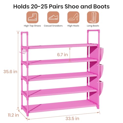 VILICK Shoe Rack for Closet Shoe Organizer Space Saver Storage for 20-25 Pair Shoe Shelf with Hook and Side Pocket Free Standing 5 Tier Shoe Rack Organizer for Entryway,Small Spaces, Pink - color: Pink, size: 33.5"W - 5 Tier
