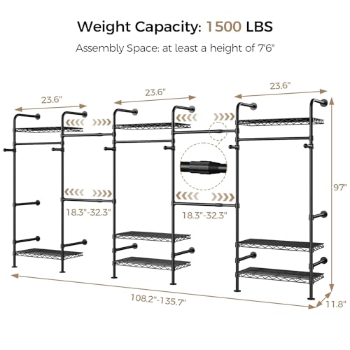 Closet Organizers and Storage, 5-Row Heavy Duty Clothes Rack for Hanging Clothes, Wall Mounted Closet System with 4 Telescopic Rods, 3 Fixed Rods, 6 Hooks, 8 Shelves for Wardrobe, Bedroom, Small Space - style: 5-Row