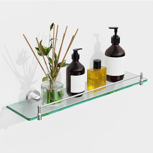 20 Inches Glass Shelves for Bathroom, Brushed Nickel Floating Glass Shelf Stainless Steel Tempered Glass Bathroom Shelves for Wall Mount Modern - color: Brushed Nickel, size: 20"with railing