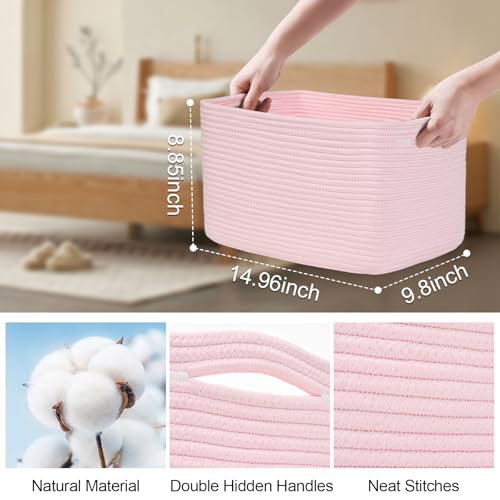 Baskets for Organizing,Storage Baskets,3 Pack Baskets for Shelfves,15"×10"×9" Woven Pink Basket,toy storage bins,bins for organization - color: Pink