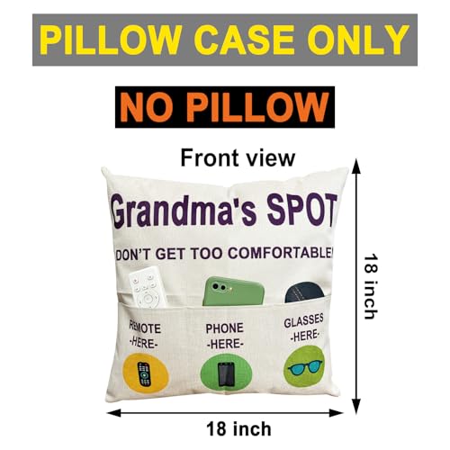 ZUYUROU Grandma Gifts Funny 3 Pocket Throw Pillow Cover for Couch Recliner Sofa, Grandma's Spot Remote Phone Glasses Holder Organizer Cushion Case, Mothers Day, Birthday 18 x 18 Inch - color: Grandma 3-pocket