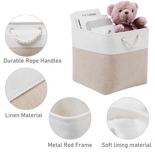 MidmmVick 12 x 12 Inch Cube Storage Bins, 6 Pack Large Collapsible Fabric Storage Bin with Ropes, Foldable Storage Cubes for Home, Office,Closet, Clothes, Toys Organizer (White & Beige) - color: White&Beige-12"x12"x12"