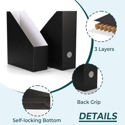 EXYGLO 12 Pack Black Magazine File Holder, Cardboard Magazine Rack with Label, Foldable Storage Organizer Box for Book, Documents, 9.9x3.3x12 Inches - color: Black