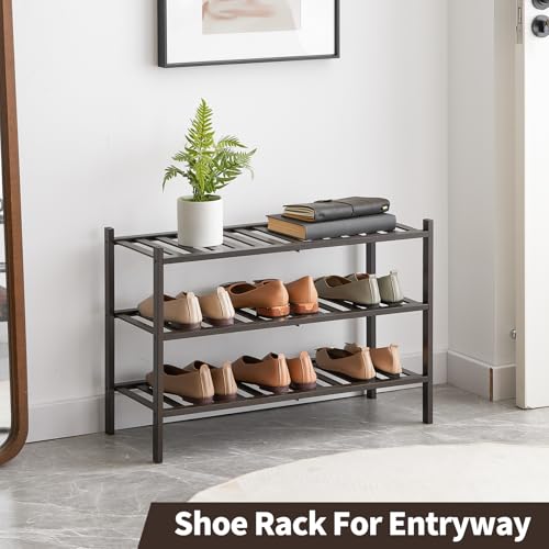 Shoe Rack, 3-Tier Bamboo Stackable Shoe Shelf Storage Organizer, Shoe Stand for Closet, Entryway and Hallway - color: Brown, size: 3-Tier-Standard