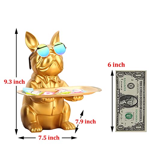 QIANLING Modern Decor Resin Gold Bulldog Tray Statue Tray Storage Key Holder Candy Jewelry Earrings Tray Suitable for Home Decor Modern Art Dining Table Decor Office Small Object Tray (Golden Yellow) - color: Gold
