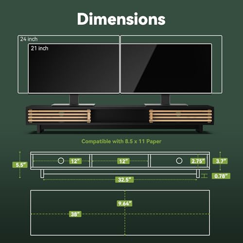 Dual Monitor Stand with Sliding Bamboo Doors - Heavy Duty Wood Computer Monitor Riser for 2 Screens, Ergonomic Desk Organizer with Storage & Keyboard Tray, Natural & Black (38 Inch) - color: Black + Natural Bamboo, size: 38 Inch