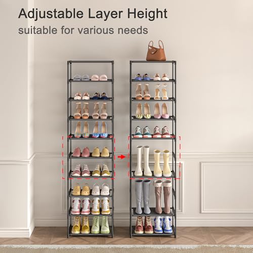 Autonomier 10 Tier Tall Shoe Rack, Non-Woven Fabrics Compact Narrow Shoe Stand Shelf, Vertical Small Space Saving Storage Organizer for Closet Floor, Front Door Entrance, Entryway, Black - size: 10-Tier