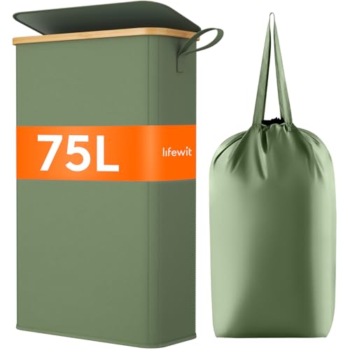 Lifewit 75L Slim Laundry Hamper with Lid, Narrow Laundry Basket with Removable Bag & Bamboo Handles, Fodable Thin Dirty Clothes Hamper for Laundry Collapsible Bin for Bathroom Bedroom Dorm, Green - color: Green, size: 75L