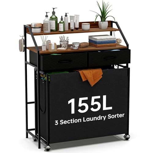 Laundry Sorter with 3 Section Pull Out Bags Rolling Laundry Basket Organizer with 2 Drawers Laundry Hamper with Shelves and Wheels for Laundry Room, Bathroom, Bedroom Organization(2 Tier) - size: 2 Tier