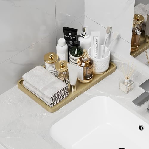 Weenson Gold Bathroom Vanity Tray for Countertop Decor Perfume Makeup Toiletries Toilet Tank, Large Bamboo Kitchen Tray for Spice Salt, Serving Tray for Food Coffee, Nightstand Candle 14.2”x8.3” - color: Gold, size: 14.2" x 8.3" x 0.8"
