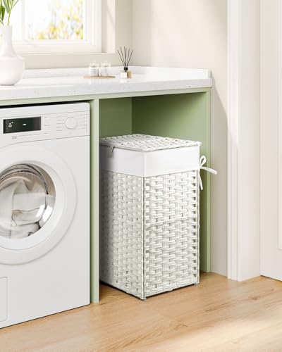 Greenstell Laundry Hamper with Lid, 60L Clothes Hamper with 2 Removable Liner Bags & 2 Mesh Bags, Handwoven Synthetic Rattan Basket, Toys in Bathroom, Bedroom White - color: White, size: 60L (13.4 x 13.4 x 21.7 inches)
