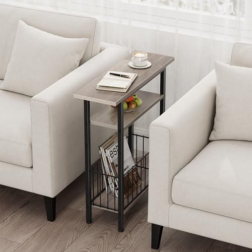 Vagusicc Narrow Side Table, Skinny Side Table for Couch, 3-Tier Small End Table for Small Spaces, Bed Side Tables with Storage, 25.2" Tall Slim Nightstand Bedside table for Living Room Bedroom, Greige - color: Greige, style: Ordinary
