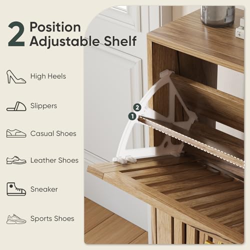 Smart FENDEE Shoe Storage Cabinet with 2 Flip Slatted Drawers, Narrow Freestanding Shoe Cabinet with Gold Handle, Hidden Entryway Shoe Organizer for Hallway, Foyer, Natural Oak - color: Natural Oak, size: 31.5" W