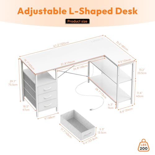 Alpen L Shaped Gaming Desk with Power Outlets, 47 Inch Computer Desk with 3 Drawers and Shelves, Corner Desk for Gaming, Study Writing PC Table with Storage and Reversible Shelf, White - color: White, size: 47 Inches