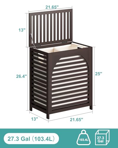 Laundry Hamper, 27.3 Gallon (103L) Bamboo Wood Clothes Laundry Basket with Lid and Handles, Removable Liner - color: Brown, size: Extra Large