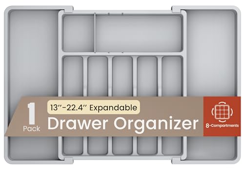 Gray Expandable Utensil Drawer Organizer 1 Pack, Adjustable 13” to 22.4”, 8 Compartment Silverware Organizer for Kitchen Utensils, Spatulas, Cutlery, and Tools, Easy to Clean, Durable, and BPA-Free - color: Gray, size: 8 Comp'ts (Pack of 1)