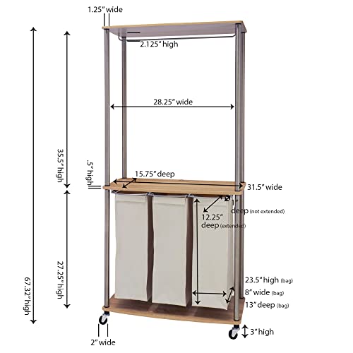 Modern Laundry Center with Wheels, 6 Load Capacity, Steel Frame, 3 Washable Linen Bags, MDF Shelves with Hanging Bar, Easy Twist-On Assembly, Light Ash Wood Grain Laminate - style: Laundry Center