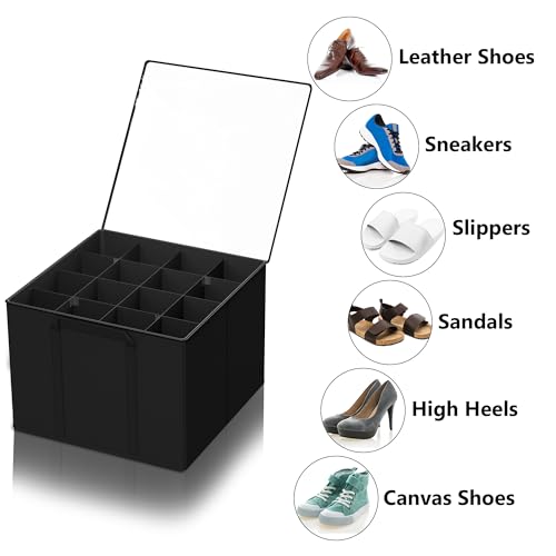 SUOCO 2 Pack Shoe Organizer for Closet, Fits up to 32 Pairs, Small Space Shoe Storage Boxes Bins Containers w/Adjustable Dividers and Clear Top, Black - color: Black