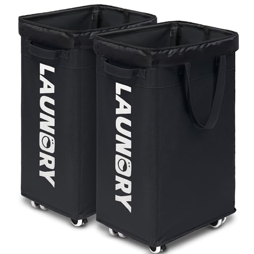 Goodpick Laundry Basket with Wheels, 2-Pack 75L Rolling Laundry Hamper with Removable Wash Bags, Collapsible Laundry Basket for Corner Dorm, Black - color: Black 2-Pack