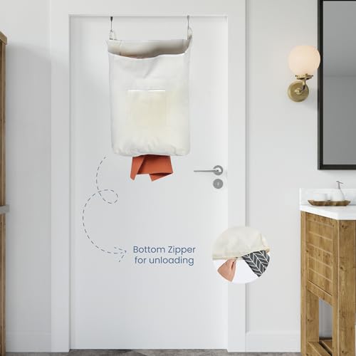 The Fine Living Co. Hanging Laundry Hamper with Over Door Hooks & Adhesive, Durable Space Saving Laundry Bag with Zipper and Wide Open Top, Hanging Dorm Laundry Hamper 18"x4.75"x28" (Beige-L) - color: Beige-L, size: Large