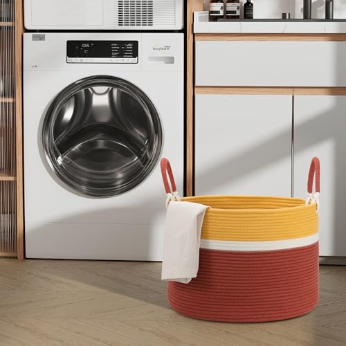 Large Blanket Basket (20"x13"), Woven Rope Storage Basket for Blankets, Clothes & Laundry - Living Room, Nursery, Bedroom (Yellow/Brown) - color: Yellow Brown