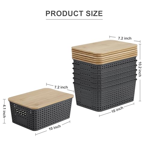 Bagnizer Small Plastic Storage Bins with Bamboo Lids 5.2qt Stackable Box Basket Pantry Decorative Containers Cute with Lable for Organizing Desktop Closet Office Gray of 6 packs 10 * 7.2 * 4.1" - color: Gray, size: Small- 6 Pack