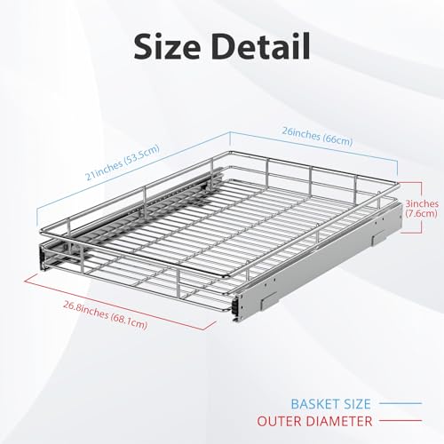 ZOINLIY Pull Out Cabinet Organizer, Versatile Slide Out Kitchen Organizers and Storage,Heavy Duty Drawer Cupboard Storage Basket, Smooth Sliding, Chrome Finish (26.8 * 21inch) - size: 26.8”W x 21”D (Outside Dimensions)
