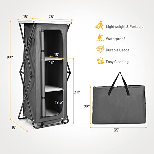 Giantex Folding Camping Storage Cabinet with 3 Shelves and Carry Bag, Portable Outdoor Organizer Kitchen Table, Quick Set-up for BBQ, Picnic, Backyard, Compact Pop-Up Cupboard, 55''H - size: 55''H