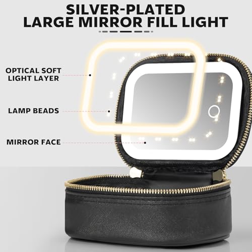 Mini Makeup Bag with Led Mirror, Small Travel Make up Bag 3 Light Modes Adjustable Brightness, for Women Organizer Cosmetic Bag, Portable Travel Train Toiletry Bag, for Pool Parties Work Touch-Ups - color: Black