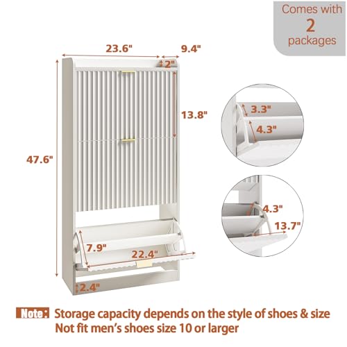 White Fluted Shoe Cabinet with 3 Flip Drawers, Narrow Shoe Storage Cabinet for Entryway, Freestanding Shoes Rack Organizer Cabinets with Adjustable Shelves for Entryway, Hallway - color: White, size: 3-Drawers