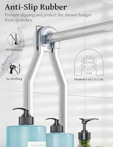 YASONIC Never-Rust Aluminum Hanging Shower Caddy – Over-the-Showerhead Organizer with 10 Hooks for Razor and Sponge – Includes Soap Basket – Silver - color: Silver