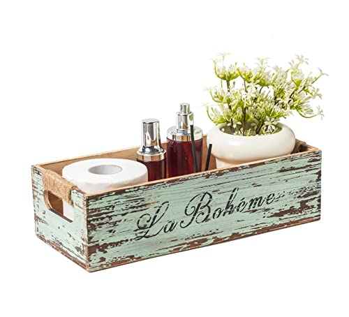 TIMRIS Farmhouse Distressed Wooden Storage Box, Rustic Bathroom Decor Box, Decorative Toilet Tank Basket, Vintage Countertop Organizer Box with Handles (Distressed Green) - color: Distressed Green