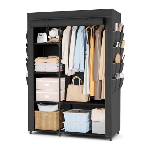 Portable Closets for Hanging Clothes, Wardrobe Closet with Hanging Rod and Clothing Storage Shelves, 8 Side Pockets, Free Standing Clothes Rack with Cover, for Bedroom and Dorm, Black - color: Black, size: 2 Row - 41.7' Wide