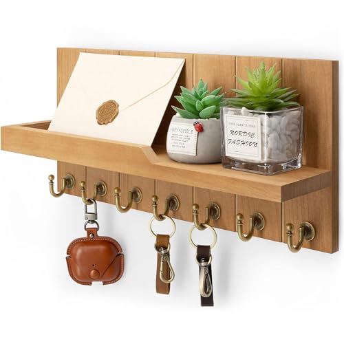 Rebee Vision Decorative Key Holder for Wall Shelf - Farmhouse Wood Wall Hanging Mail Organizer with 7 Sturdy Key Hooks for Home Entryway Decor - Stylish Key Racks (Light Brown,15-inch) - color: Light Brown, size: 15-inch