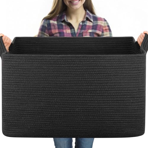 OIASKET 95L Extra Large Blanket Basket, 24" x 16.9" x 14.2" Woven Storage Basket for Living Room, Rectangle Nursery Blanket Storage for Toys, Towels, Dirty Clothes (Black) - color: Black, size: 24"x16.9"x14.2"