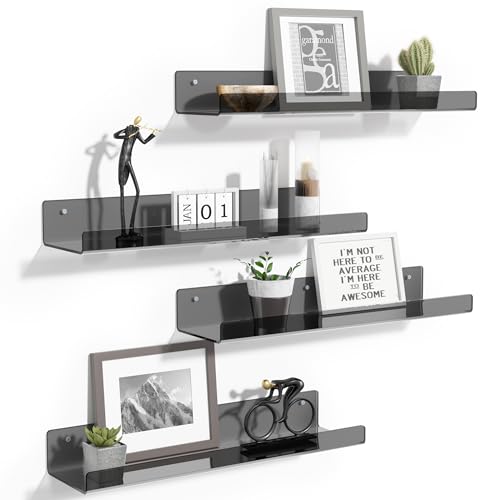 upsimples Acrylic Shelves for Wall Decor, 15" Display Shelf Perfume Organizer for Bathroom, Bedroom, Living Room, Floating Bookshelves for Kids, Clear Black, 4 Pack - color: Clear Black