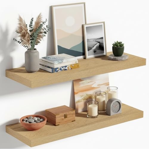 Vivelove 10" Deep Floating Shelves Over Toilet, 24" Wall Shelves for Bathroom Bedroom Kitchen Living Room Laundry Room, Modern Rustic Shelves for Home Decor, 24"x10.2"x1.5", Set of 2, Oak - color: Oak, size: 23.6”Wx10.2”Dx1.5”H