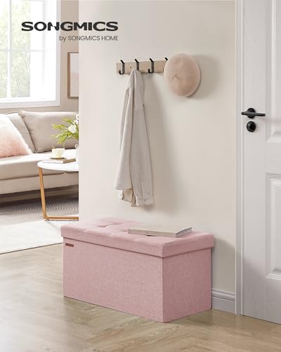 SONGMICS Mazie Collection - 30 Inches Folding Storage Ottoman Bench, Ottoman Foot Rest, End of Bed Bench, Storage Chest, Load 660 lb, for Living Room, Bedroom, Entryway, Jelly Pink ULSF047R11 - color: Jelly Pink, size: 15"D x 30"W x 15"H
