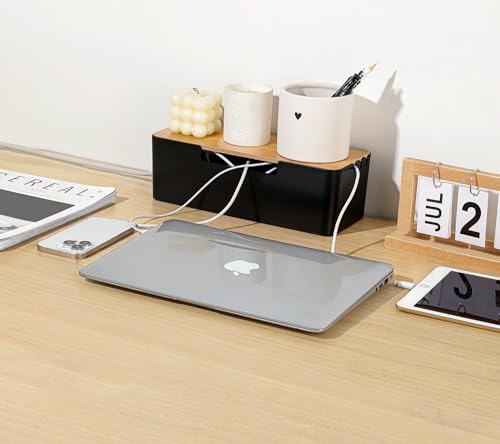 ABS Cord Organizer Box with Wooden Lid, Cable Management Box for Power Strips or Surge Protectors, Desk Cable Tidy Box for Office Home(Black) - color: Black