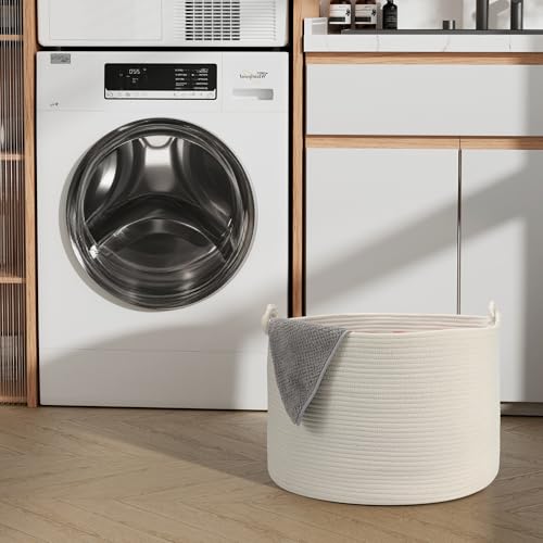 Large Blanket Basket (20"x13"), Woven Storage Basket for Dirty Clothes, Laundry, Living Room, Nursery, Bedroom - White - color: White