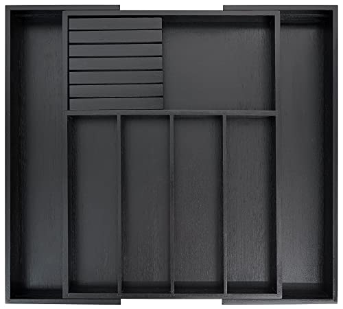 VaeFae Bamboo Silverware Drawer Organizer Kitchen, Expandable Utensil Organizer with Knife Block, Cutlery Tray with Divider, Multifunctional Drawer Organizer (Black) - color: Black, size: Large - Expandable with Block