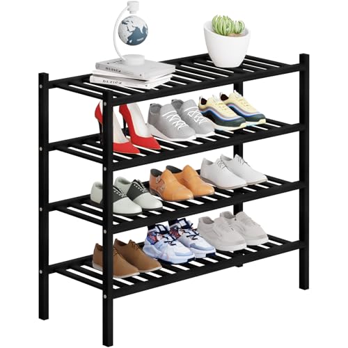 4 Tier Bamboo Shoe Rack Storage Organizer for Closet, Multifunctional Stackable Free Standing Shoe Shelf Organizer for Small Space,Entryway, Hallway, Bathroom27 x11 x26(Black, 4 Tier) - color: Black, size: 4 Tier