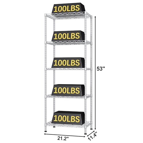 HOMEFORT 5-Shelving Unit, Adjustable Wire Shelving, Metal Wire Shelf Rack Organizer for Kitchen, Pantry, Closet, Bathroom, Laundry,Sliver,21" W x 11" D x 53" H - color: Silver, size: 21"W x 11"D x 53"H