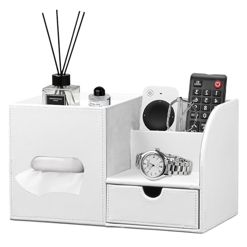 Square Tissue Box Cover with Tray and Organizer, Multi-Functional Decor Cube Tissue Box Holder, Tissue and Remote Control Holder, for Vanity, Nightstand, Bathroom, Home, Office - color: White