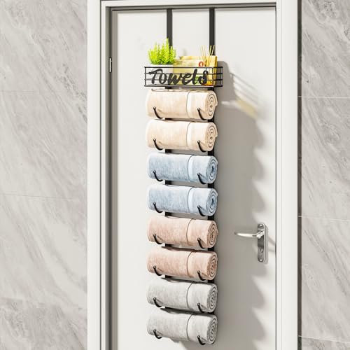 HapiRm Towel Racks for Bathroom Storage - 9 Tier Over The Door & Wall Mount Rolled Towel Storage Organizer Holder with Metal Shelf Basket for Small Bathroom, Camper, Rv - Black, Patented - color: Black, size: 9-Tier