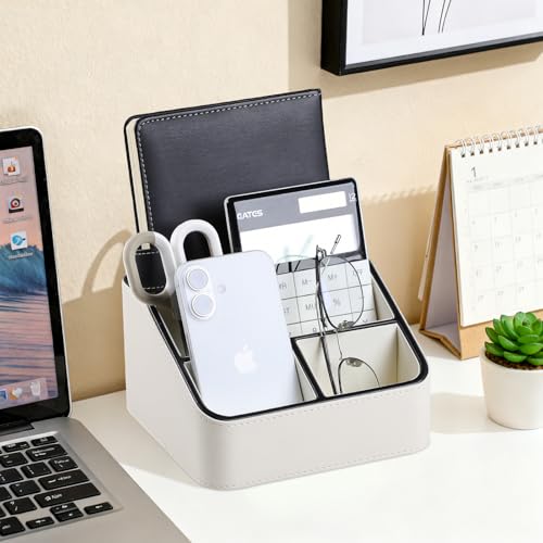 Remote Control Holder, PU Leather Small Desk Organizer with 4 Compartments, Nightstand Organizer Office Desk Accessories Desk Caddy for Countertop Bedside End Table (Cream) - color: Cream