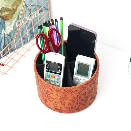 Hennaja Round Leather Art Supply Organizer,Remote Control Holder,360 Degree Spinning,Multi-Functional Pencil Holder,4 Compartments Desktop Stationary Organizer(1-Carved Brown) - color: 1-Carved Brown