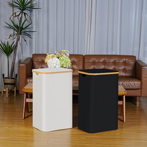 100L Laundry Hamper with Lid, Lagre Basket with Bamboo Handles,Foldable Clothes Hamper Tall Dirty Laundry Basket for Clothes Toys Towels Organizing,Black - color: Black, size: 100L with lid