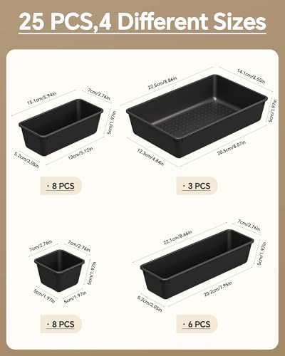 KEMETHY 25 PCS Plastic Drawer Organizers Set, 4 Sizes Vanity Organizer, Makeup and Desk Drawer Organizer Trays, Organization and Storage for Makeup, Bathroom, Kitchen Utensils and Office (Black) - color: Black